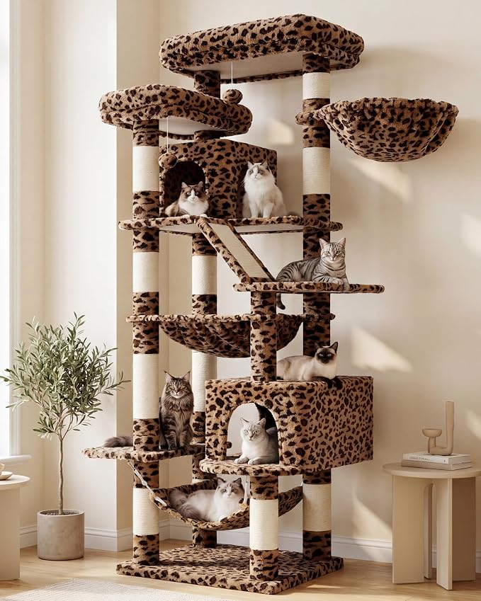 Heybly Cat Tree, 71-Inch-Tall Tower for Indoor Cats with 2 Perches HCT034BW | Large Cat Furniture with 2 Big Condos, 2 Hammocks, Basket, Scratching Pad, Multi-Level Cat Condo, Leopard Print