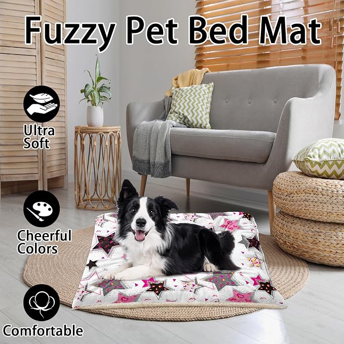 HOSIMA Star Pattern Pet Bed Mat,Fuzzy Washable Pet Crate Pad,Soft Cozy Dog Sleeping Mat,Plush Pad Suitable for Large Fluffy Dog Bed,42L*32W Inch,White.