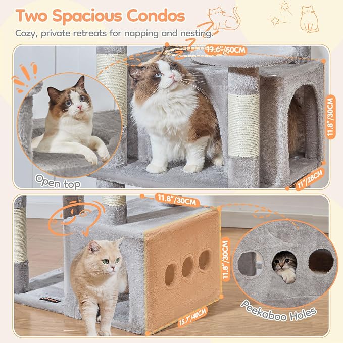 Taoqimiao 71in Cat Tree, Heavy Duty Large Cat Tower for Indoor Cats MS050W | Extra Wide Sturdy Base, Tall Multi-level, 7 Sisal Scratching Posts, 2 Houses, 2-Post Supported Baskets, 2 Perches, Light Gray