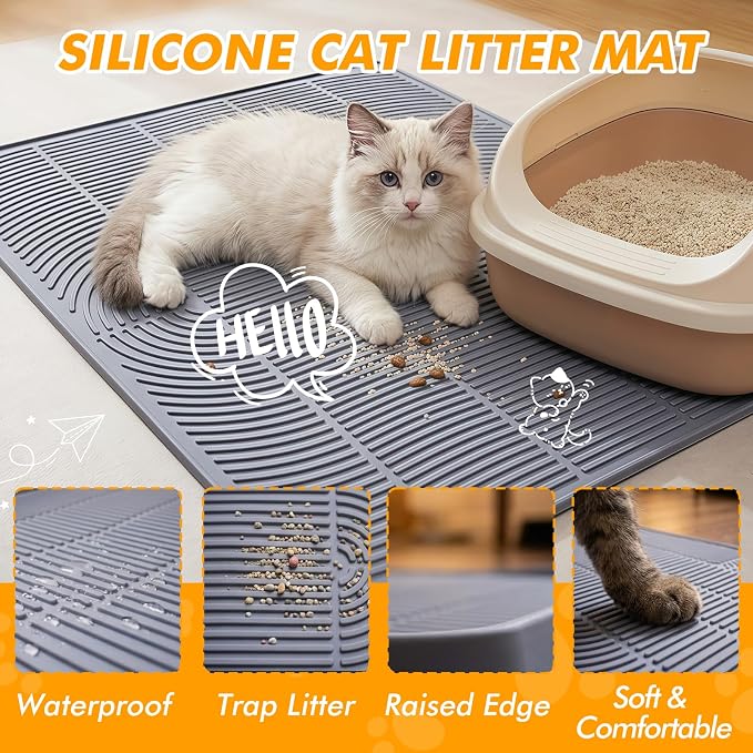 Extra Large Cat Litter Mat 47" x 35" Silicone Litter Trapping Mat for Scatter Control, Catcher for Kitty Litter, Non-Slip Waterproof Floor Protector, Easy to Clean, Gray