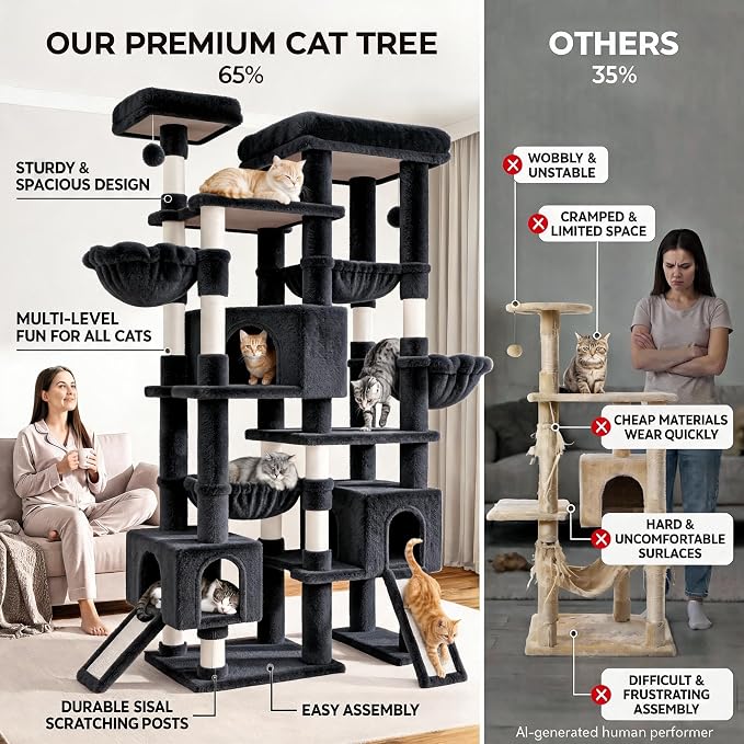Sha Cerlin 87 in Multi-Level Tall Cat Tree Tower for Large Cats/Extra Wide Feline Activity Center/Sisal Scratching Posts/Wide Base/Cozy Plush Perches/Baskets/Hammocks/Toy Balls/Dark Grey