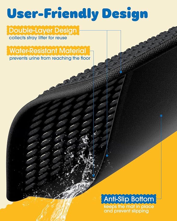Powools Ultra-Large Cat Litter Mat, 35'' x 30", Double-Layer, Black | Urine-Proof, Non-Slip Litter Trapping Mat, Easy to Clean, Kitty Litter Mats for Floor, Scatter Control