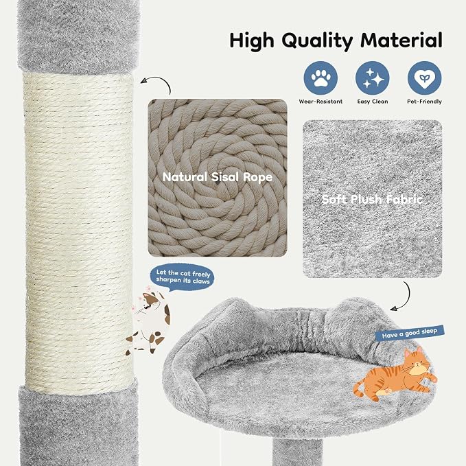 DUMOS 54 Inch Cat Tree Tower with Scratching Posts | Indoor Multi-Level Pet House for Large Cats with 2 Condos, Round Platform, Small Ladder and Toys, Light Grey