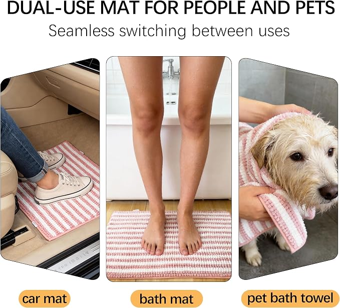 Dog Door Mat for Muddy Paws - Absorbent Quick-Dry Non-Slip Washable Chenille Pet Rug, Indoor Entryway Mat for Front Door & Crate (Pink, 34" L*23" W)