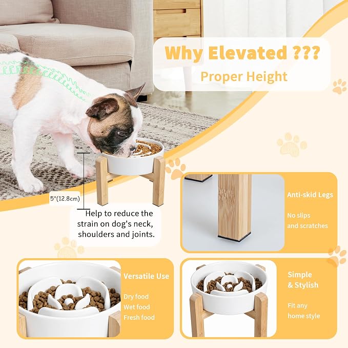 Elevated Slow Feeder Dog Bowl - Ceramic Maze Food Dish with Bamboo Stand - Raised Feeding Bowl for Fast Eaters - Ideal for Small and Medium Dogs - White - 6.7 inch