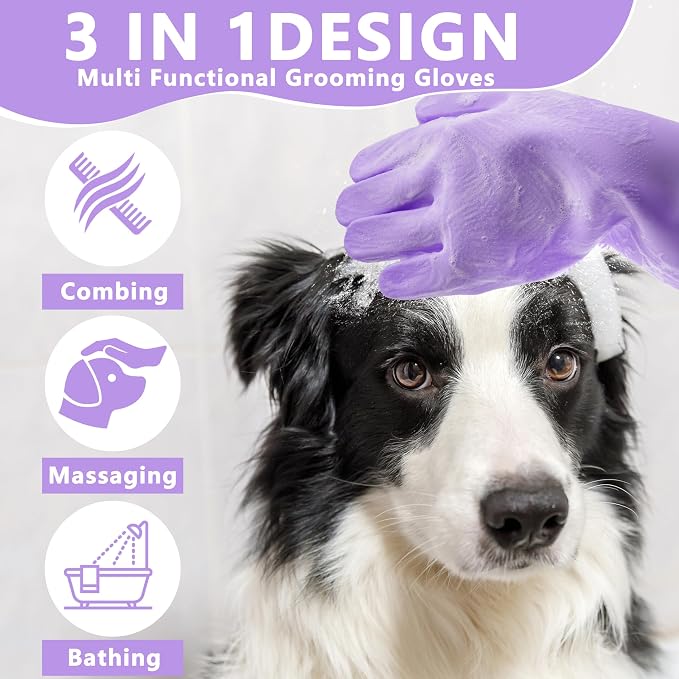 Pet Grooming Gloves—Dog Washing Gloves with High-Density Teeth | Dog Bath Scrubber with Enhanced Five Finger Design, Silicone Gloves for Dogs and Cats Bathing, Massage (Purple)