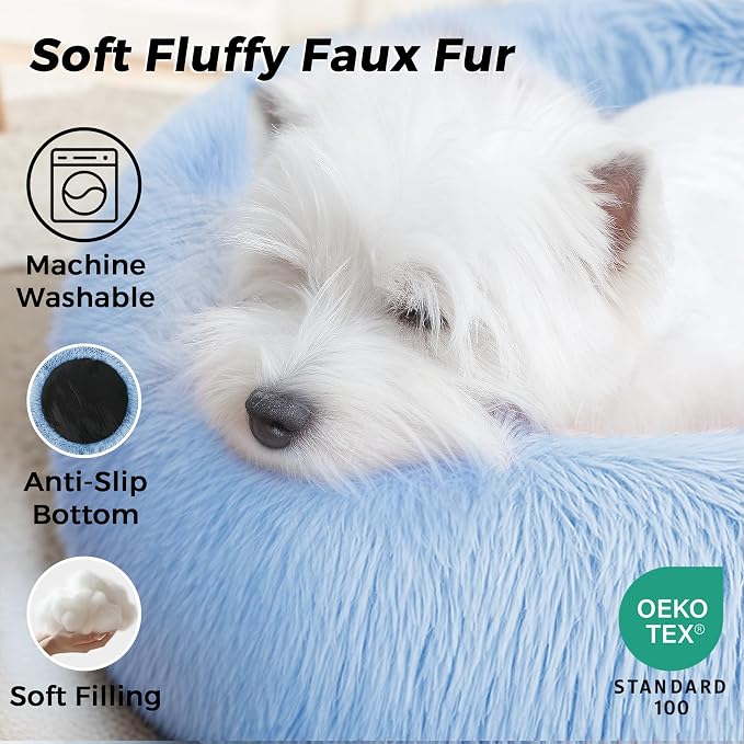 Calming Round Dog Bed & Cat Bed with Anti-Slip Bottom, Medium Size Washable Anti-Anxiety Donut Dog Beds for Small Dogs & Cats, Fluffy Plush Soft Dog Bed(24 Inch, Light Blue)