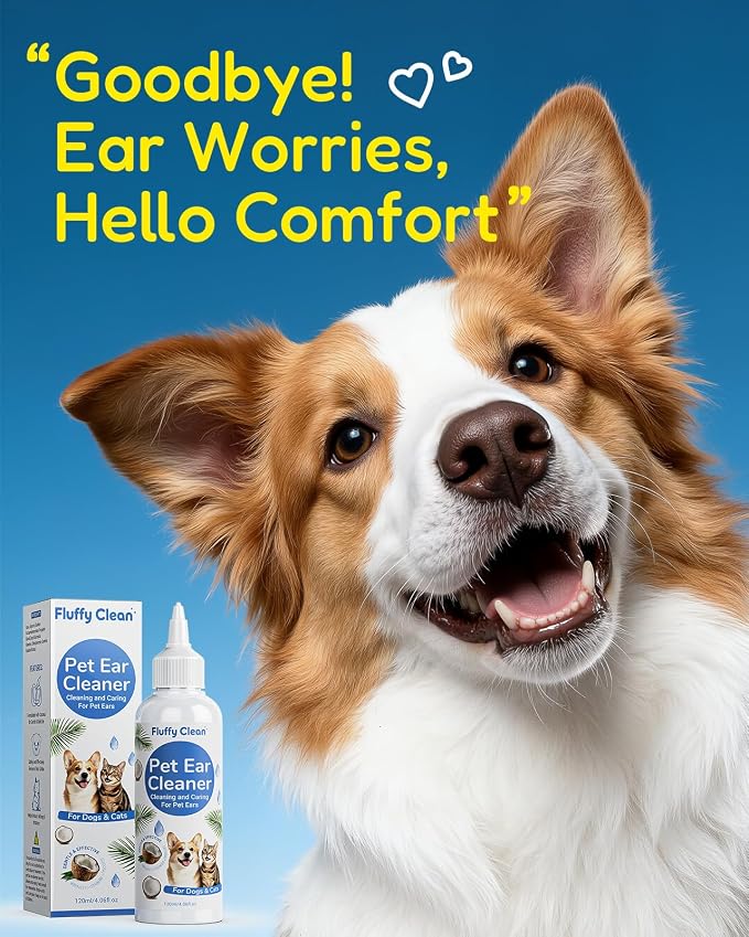 Dog Ear Cleaner - Pet Ear Wash, Flush and Drop Cleaner Solution for Cat & Dog Infection and Itch Relief, Gently Removes Debris, Wax Buildup, Odor - 4 fl oz