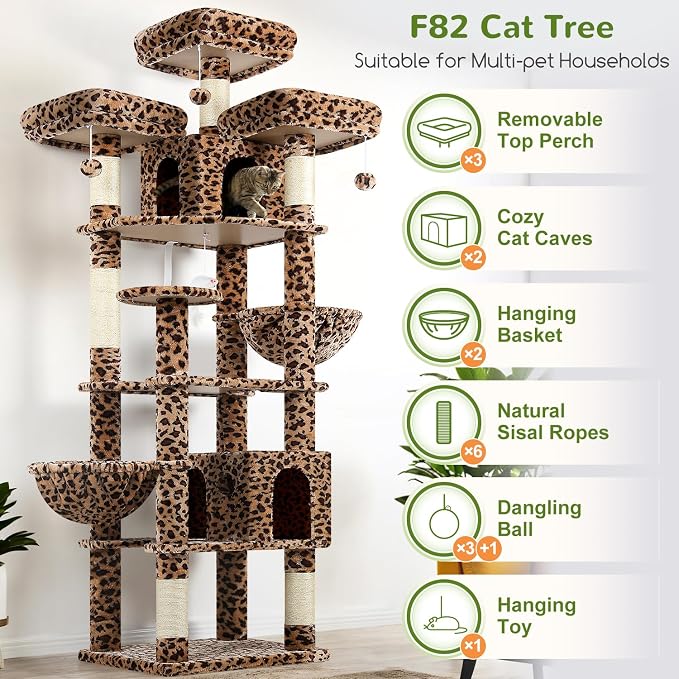 Globlazer Cat Tree Tower for Multiple Adult Cats, 82in, F82, Leopard Print | XXL Tall Cat Tree Tower for Indoor Cats with Scratching Post, 3 Perches, 2 Condos, 2 Hanging Baskets