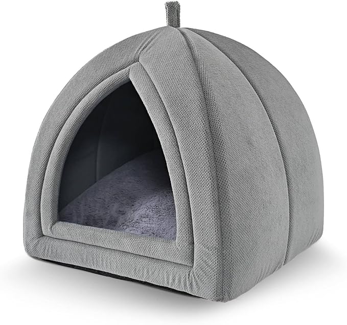 Amazon Basics Cat Cave Bed, 2-in-1 Foldable House for Indoor Cats, with Washable Cushion and Non-Slip Base, 15 x 15 Inches, Small, LightGray