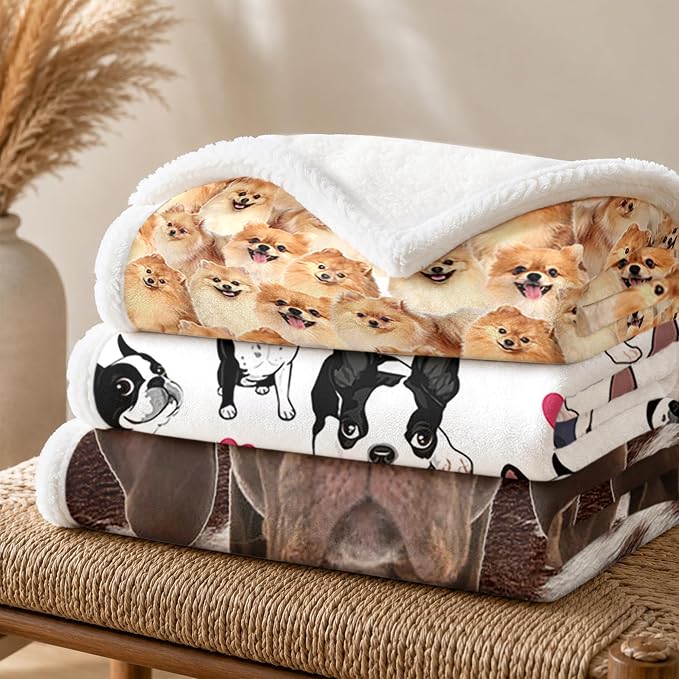 BlessLiving Pomeranian Golden Throw Blanket with Dense Dog Patterns Sherpa Fleece Blanket Couch Bed, Soft Cozy Warm Pet Blankets for Puppy Lovers Cute Animal Print Gift 50x60 Inches