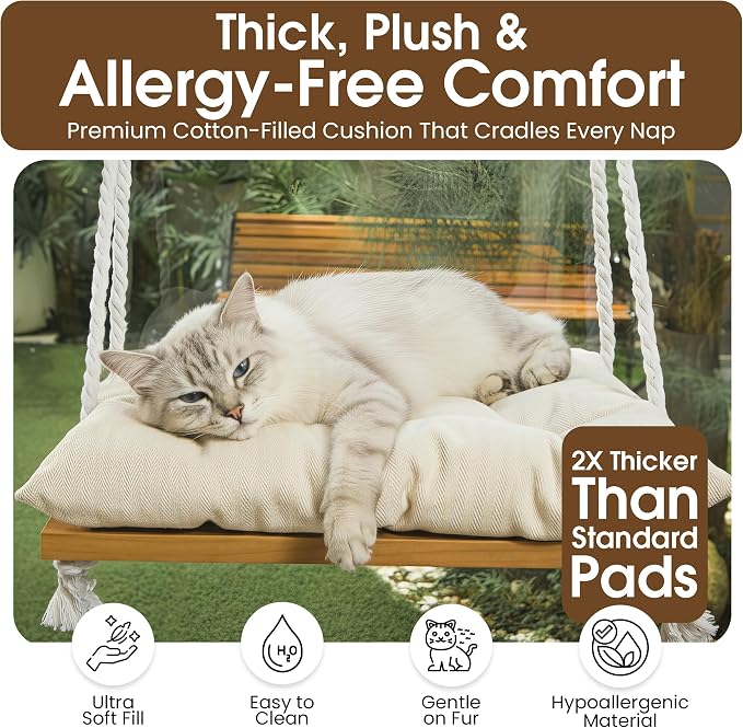 Cat Window Perch, Indoor Hammock Bed with Solid Pine Wood, 4 Industrial-Grade Suction Cups, Window Hammock with Soft Cushion for Cats, Space Saving Design