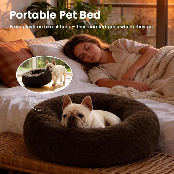 Love's cabin 20in Cat Beds for Indoor Cats - Cat Bed with Machine Washable, Waterproof Bottom - Dark Brown Fluffy Dog Pet Calming Cushion Bed for Joint-Relief and Sleep Improvement