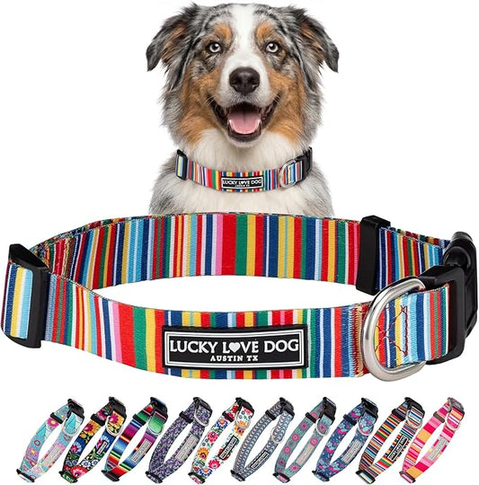 Lucky Love Dog Collars, Rainbow Stripes Pattern Dog Collar for Medium Dogs, Comfortable & Soft Cute Girl or Boy Dog Collar, Hippie, Medium