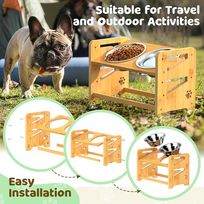 Elevated Dog Bowls, Adjustable Raised Dog Bowl Stand for Medium and Small Dog, 11" High Bamboo Pet Food Feeder with 2 Stainless Steel Dishes（4 Heights）