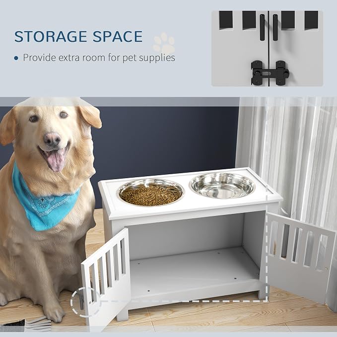 PawHut Large Elevated Dog Bowls with Storage Cabinet - 37L Capacity, Raised Dog Bowl Stand Feeding Station, White | Raised Dog Bowl Stand Pet Food Bowl Dog Feeding Station