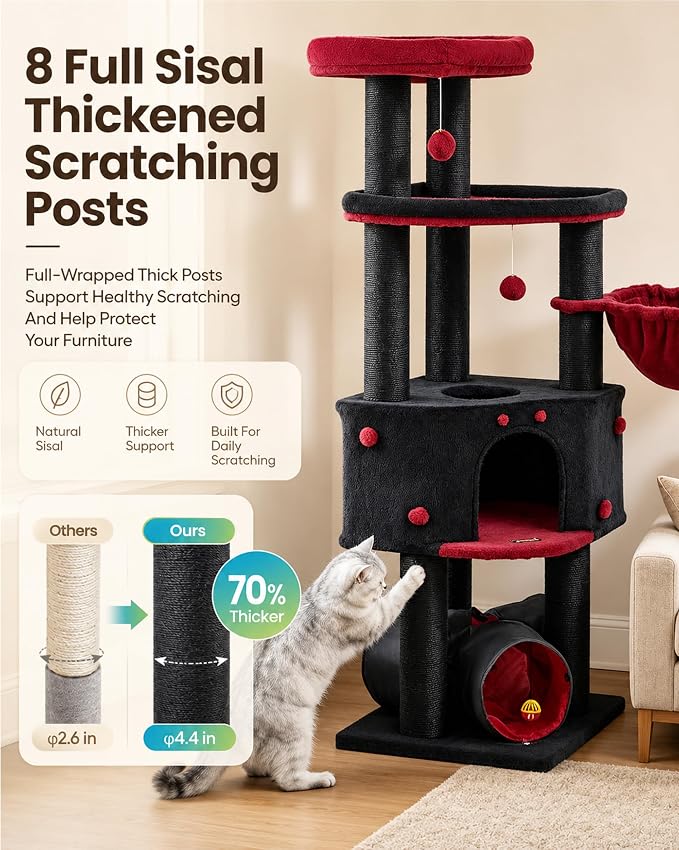 Cat Tree Tower for Large Cats Adult - 60 Inch XXL Sturdy Heavy Duty Extra Wide Scratching Posts (φ4.4in) Condo - Indoor Big Cat House Hammock Perch - XL Wood Multi Level Feline Pet Bed Trees Houses