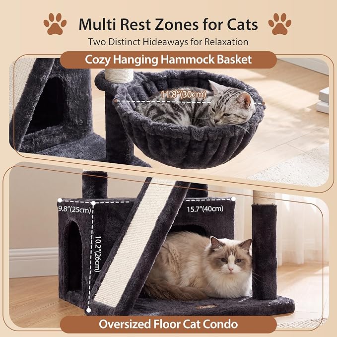 Heybly Compact Cat Tree with Big Scratcher, Stable Cat Tower HCT206SG | 27.2" Cat Furniture with 2 Top Perches, Floor Cat Condo, Cozy Hammock, Space-Saving Cat Activity Center, Smoky Gray
