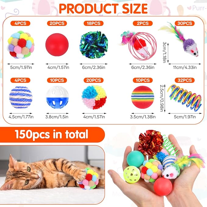 150 Pcs Cat Toys Bulk for Indoor Cats, Kitten Toys Assorted Variety Pack, Cats Toy Bundle with Mice Rainbow Balls/Springs Crinkle Balls/Lattice/Sisal/Table Tennis/Plush/Caged Bell for Kitty Kitten