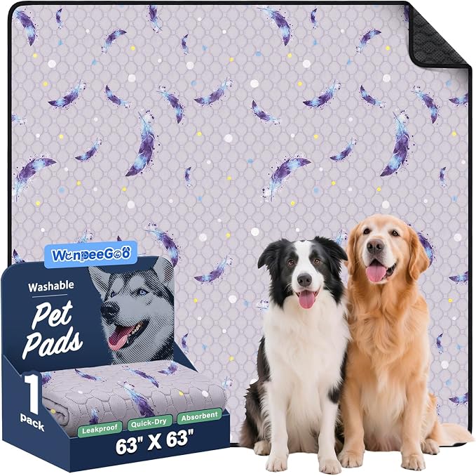 Washable Dog Pee Pads, Non-Slip Waterproof, 63 x 63 in, 1 Pack, Feather | Super absorbent, waterproof and non-slip; washable, reusable dog pads for crates, playpens, floors, furniture and travel