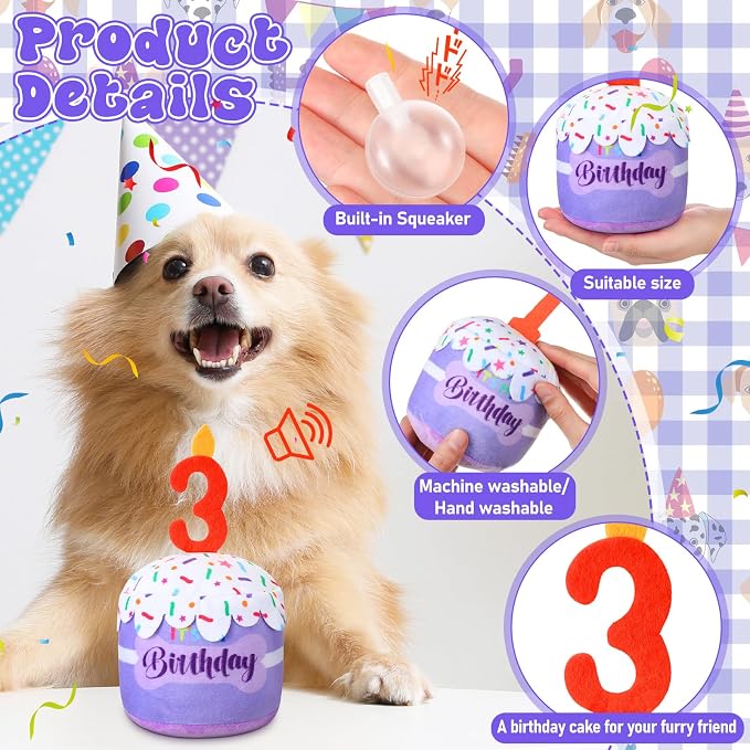 Dansydaisy Dog Birthday Cake Toy Squeaky Plush Toy for Girl Boy Gifts, Chew Accessories for Dog Birthday Party Decor Favor for Large, Medium and Small Dogs(3rd,Purple)