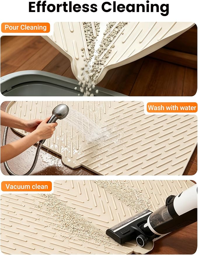 Cat Litter Mat, 47"x37" Extra Large Litter Box Mat, Silicone Mat, Beige | Waterproof Litter Trapping Mat for Scatter Control, Soft on Cat Paws Non-Slip Easy to Clean