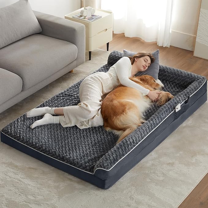 BFPETHOME Orthopedic Washable Dog Bed, Sleeping Couch for Large Senior Dogs | Deluxe Plush Rose Velvet Washable Cover, Egg Crate Foam Support, Waterproof Lining, Non-Slip Bottom, Senior Dogs