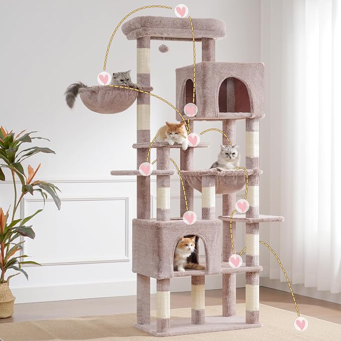 Heybly Cat Tree, 76-Inch Tall Heavy Duty Cat Tower for Big Cats HCT039MU | Multi-Level Large Cat Furniture with Extra Wide Baseboard, 2 Condos & 2 Hammocks, 10 Scratching Posts, Rosy Brown