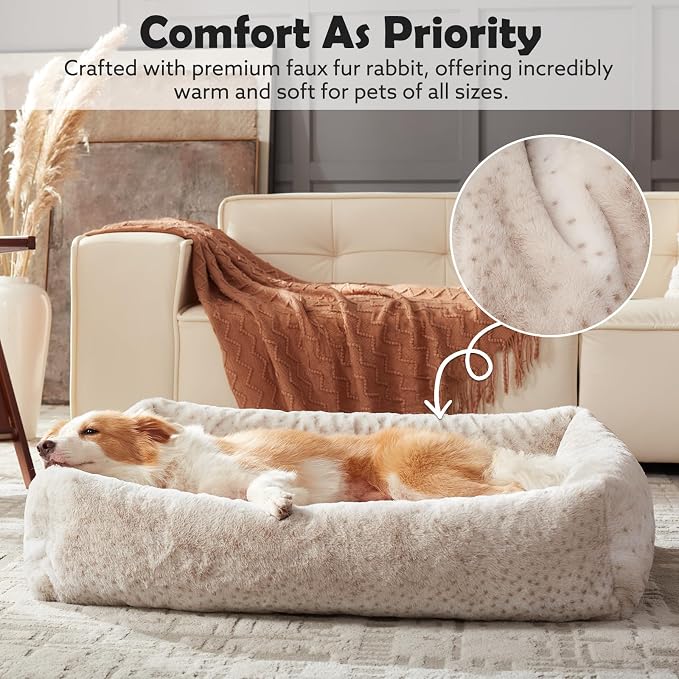 JOEJOY Dog Bed for Small Medium Dogs, Removable Washable Cover Orthopedic Soft Faux Rabbit Fur Pet Bed, Anti-Slip Fluffy Plush Puppy Bed, 25"x21"x7", Leopard Print, Beige