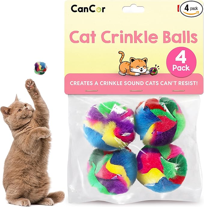 Crinkle Cat Toy Balls 4 Pack | Soft Cat Crinkle Toys for Indoor Cats & Kittens | Food-Grade Acetate Safer Than Mylar | Made in Canada