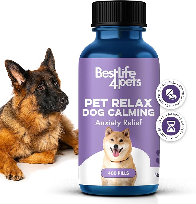 BestLife4Pets Pet Relax Dog Calming Anxiety Relief - 400 Pills | Long-Lasting Dog Relaxants for Stress Relief, Natural Solution for Separation Anxiety, Travel, Thunderstorms, and Fireworks