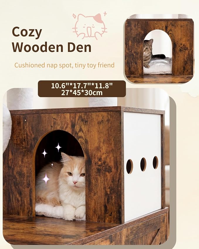Heybly Cat Tree with Litter Box Enclosure, Modern 64" Hidden Tower HCT105SR | All-in-One Solid Wood Cat Condo for Indoor Cats with Paw-Shaped Board, Multi-Level Perch & Playzone, Rustic Brown