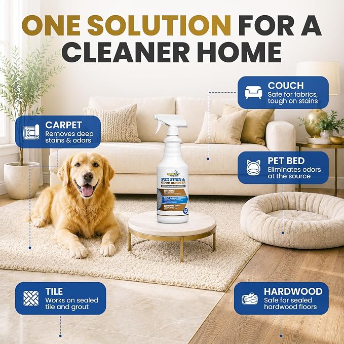 Sheiner's Pet Stain Remover & Pet Odor Eliminator, Advanced Cleaning Bio-Enzyme Cleaner Solution for Carpets, Rugs, Upholstery & Multi-Surfaces, Safe for Pets & Kids. (32 oz)