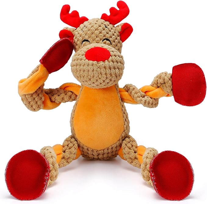 Senneny Christmas Dog Toys, Squeaky Reindeer Plush with Ropes for Tug of War, Durable Interactive Chew Toys for Puppy Small Medium Large Dogs