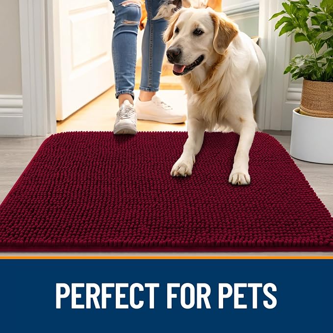 OLANLY Dog Door Mat for Muddy Paws 34x21, Super Absorbent Chenille Mud Mat | Burgundy, Absorbs Moisture and Dirt, Non-Slip Machine Washable Doormat, Quick-Drying Indoor Entryway Floor Carpet for Dogs