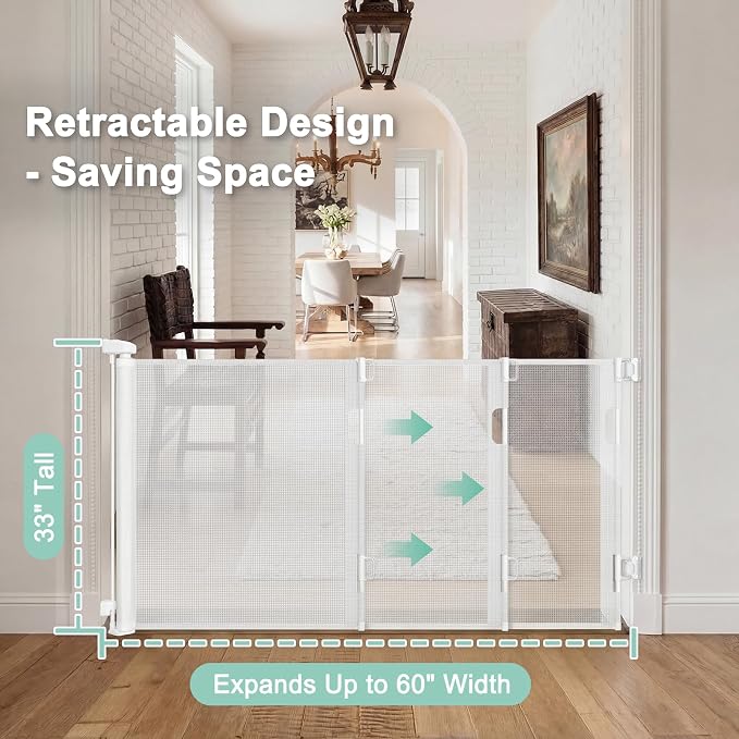 Retractable Baby Gates for Doorways & Stairs, Indoor/Outdoor Mesh Dog Gate for Dogs, Puppies, Infants, Toddlers, Babies, Children, Kids, 33" Tall Expands Up to 60" Width, Safety Retractable Pet Gate