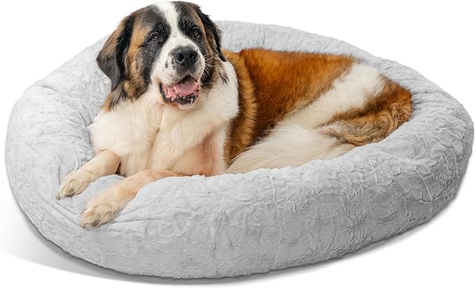 Best Friends by Sheri The Original Calming Donut Dog Bed for Extra-Large Dogs up to 150 lbs, Lux Faux Fur, Gray, 45" x 45"