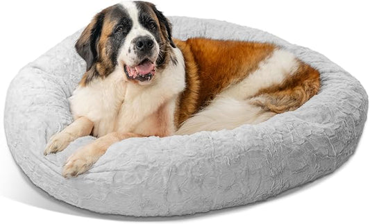 Best Friends by Sheri The Original Calming Donut Dog Bed for Extra-Large Dogs up to 150 lbs, Lux Faux Fur, Gray, 45" x 45"