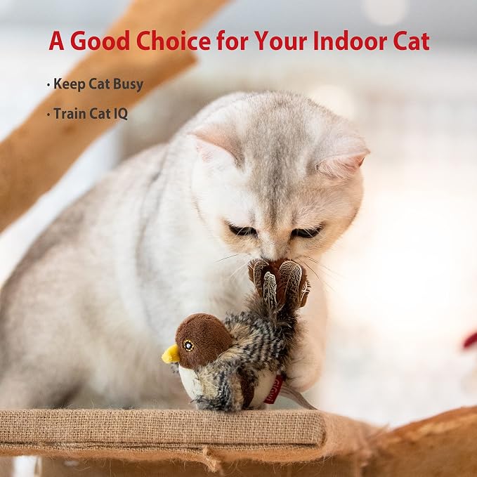 Gigwi Interactive Cat Set - Squeaky Feather Toys for Indoor Cats, 3PCS Plush Pack Including Mouse Hunt, Chase Bird, and Chirping Bee