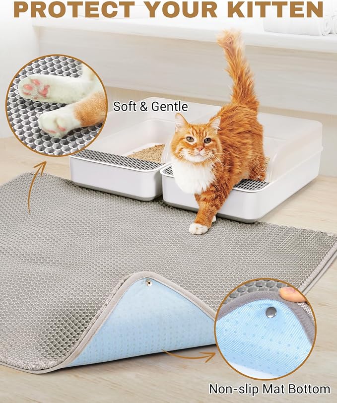 Fostanfly Cat Litter Mat, Machine Washable, Extra Large XL 45"x27", Gray | Cat Litter Trapping Mat, Urine & Waterproof, Double Layer Design, Honeycomb Scatter Control- Easy Clean for Floor