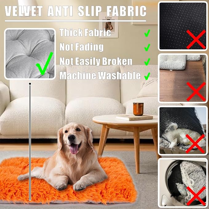 Machine Washable Dog Bed, Deluxe Plush Dog Crate Pad and Cat Bed, Anti-Slip Bottom Kennel Pad Mat, Fuzzy Pet Beds for Large, Medium, Small Dogs Breeds (Orange, 36.0" L x 24.0" W x 3.0" Th x 1 Pack)