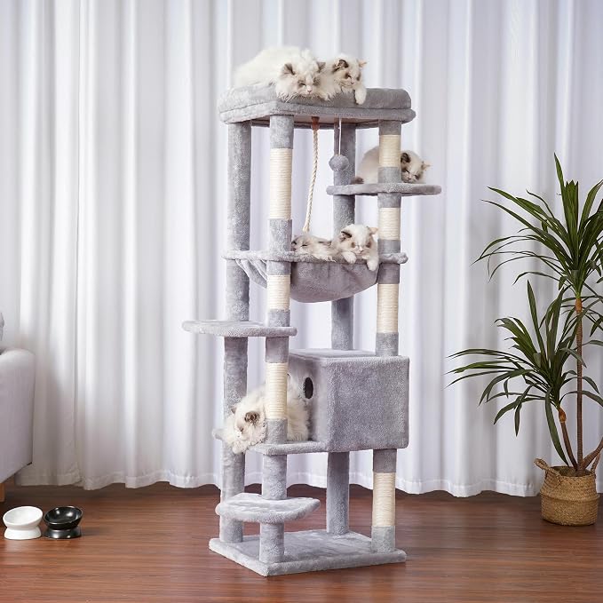 Heybly Cat Tree for Large Cats, 20lbs Heavy Duty, 60 inches HCT050W | Cat Tower for Indoor Cats with Big Padded Plush Perch, Multi-Level Furniture Condo with Cozy Basket, Light Gray
