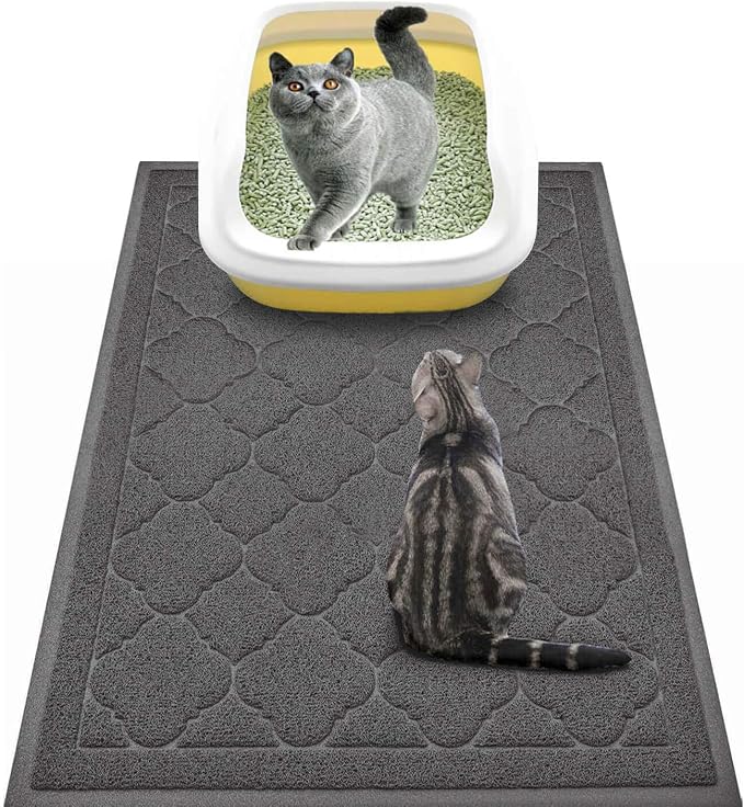 Cat Litter Box Mat, Kitty Premium PVC Pad, Durable Trapping Rug, Phthalate Free, Urine-Resistant, Scatter Control, L 35 x 23 Inch, Black