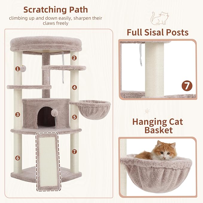 Corner Cat Tree Tower with All Sisal Scratching Posts GCT025MU | 44.1" Cat Furniture with Multi-level Cat Condo, Cat Cave, Hanging Basket, Sisal Scratching Ramp for Indoor Cats, Muchroom
