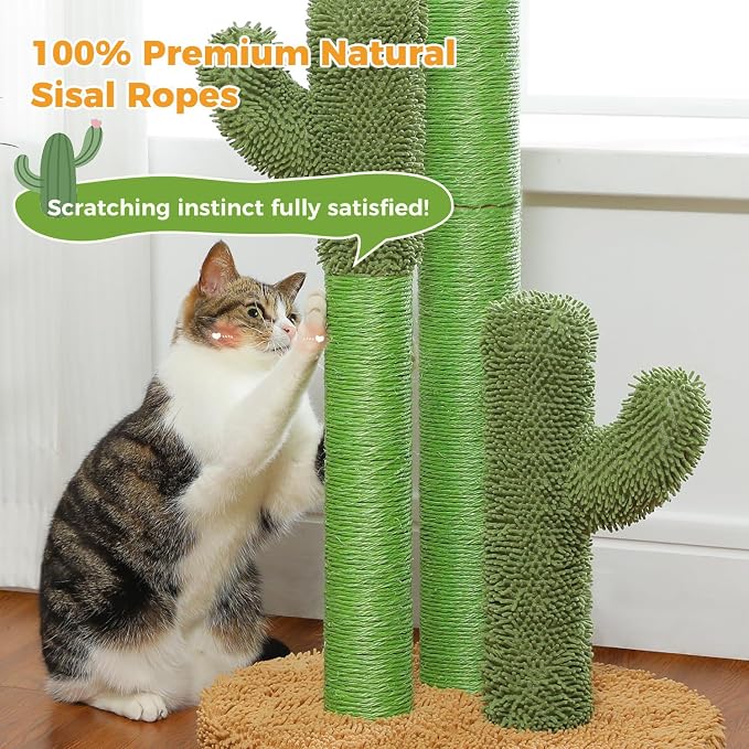 PAWZ Road Cactus Cat Scratching Post 35”Cat Scratcher with Toy Ball | Cactus Cat tree with 3 Sisal & Carpet Scratching Posts, Soft Carpet Base & Top, Interactive Ball for Adult and Indoor Cats