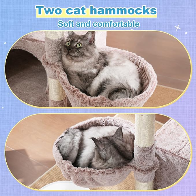 Hey-brother Cat Tree Tower with Extra Large Platform and Basket, MPJ080MU- | 71.7 Inches Scratching Posts with Specious Condo, 2 Cozy Hammocks, Scratch Board for Indoor Adult Cats, Maine Coon Muchroom