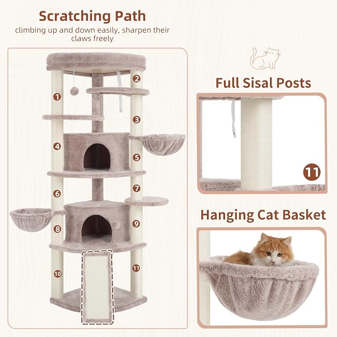 Corner Cat Tree, All Sisal Multi-Cat Scratching Posts GCT035MU | 63.8" Cat Tower for Indoor Cats with Cat Condo, 2 Large Cat Caves, Big Top Perch, 2 Hanging Baskets & Sisal Ramp, Muchroom