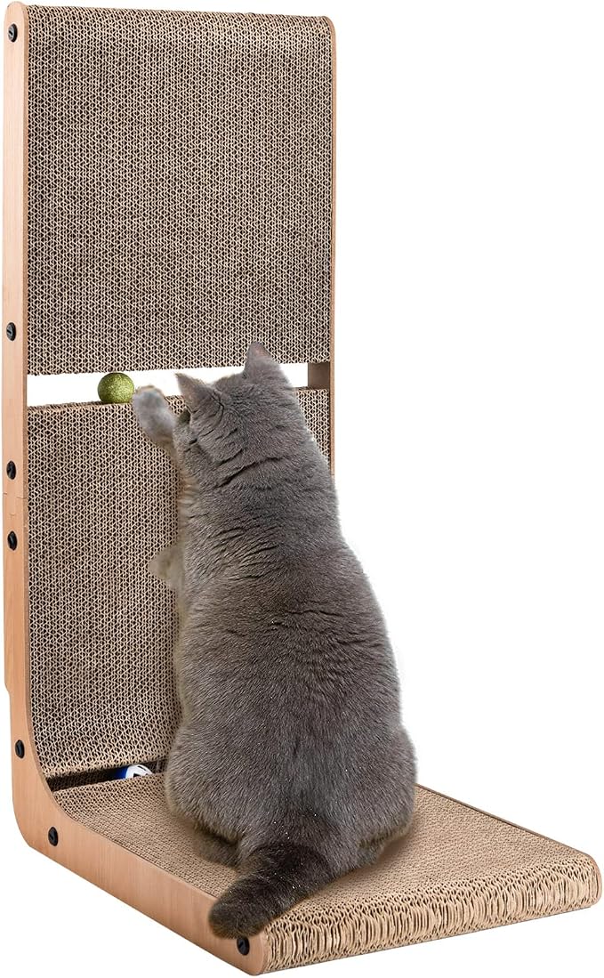 AUSCAT L-Shape Cardboard Cat Scratcher, 27.2 Inch Vertical Cardboard Scratcher for Indoor Cats with 2 Built-in Toy Balls