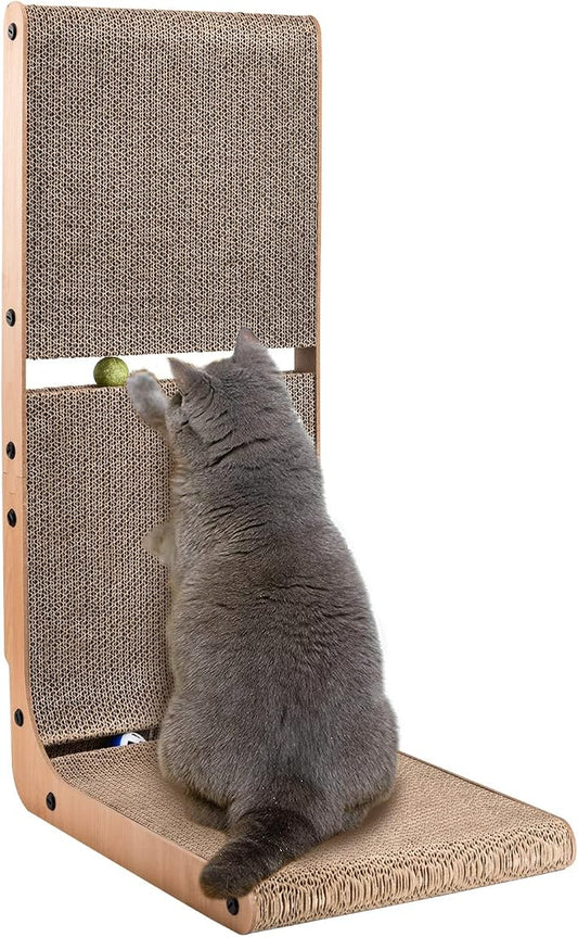 AUSCAT L-Shape Cardboard Cat Scratcher, 27.2 Inch Vertical Cardboard Scratcher for Indoor Cats with 2 Built-in Toy Balls