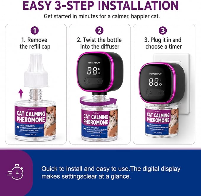 Timer Display Cat Calming Pheromone Diffuser, Daily Auto-On | 1 Diffusers 3 Refills, 4/8/12/24-Hour Timer, Helps Reduce Anxiety, Scratching, Spraying & Urine Marking, Odorless Formula